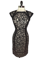 TADASHI SHOJI Size 8 Sheath Black Lace Beige Lining Cap Sleeve Knee Length