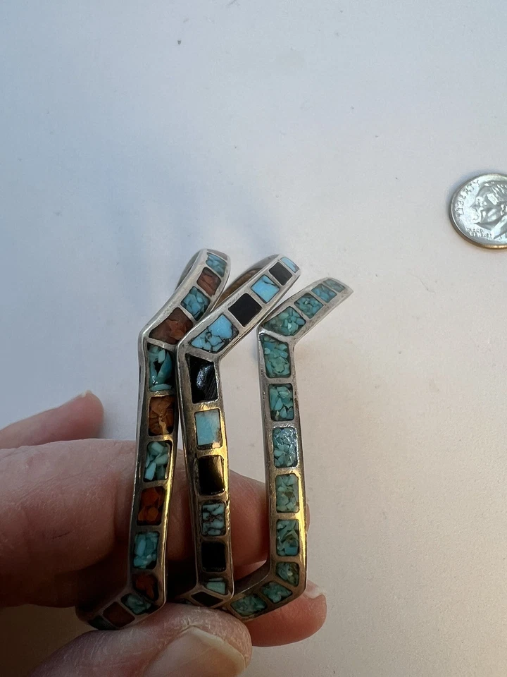 Vintage Crushed Turquoise  Inlay Silver Bracelets Coral, Onyx 34.79 Grams Silver - Image 2 of 4