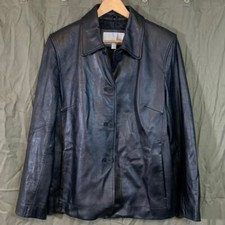 Nine West Women Black Leather Driving Dressy Jacket Coat Lined Button Sz Large