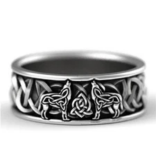 Celtic Knot Wolves Ring Band Trinity Knot Viking Wolf Jewelry