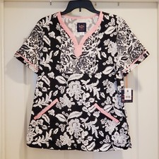 Koi Stretch Scrub Top Women  s Size Medium Lennon Woodblock Floral Pullover NWT