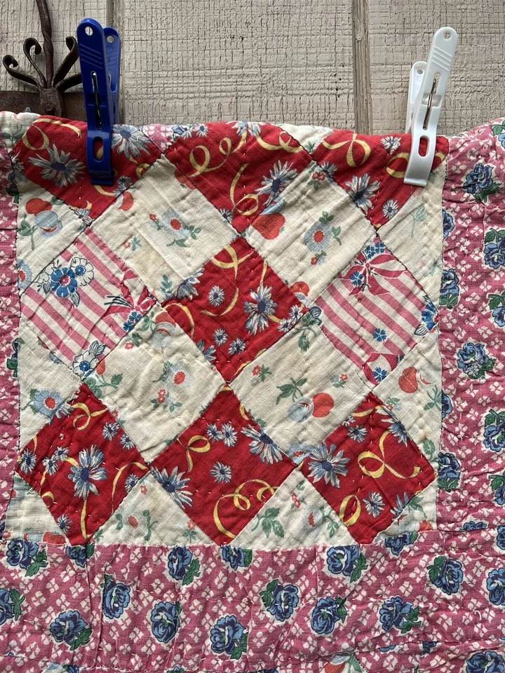 Edredón de granja de la década de 1920 9 parches variación rosa con saco de harina impreso trasero 60 x 76" Foto 3 de 4