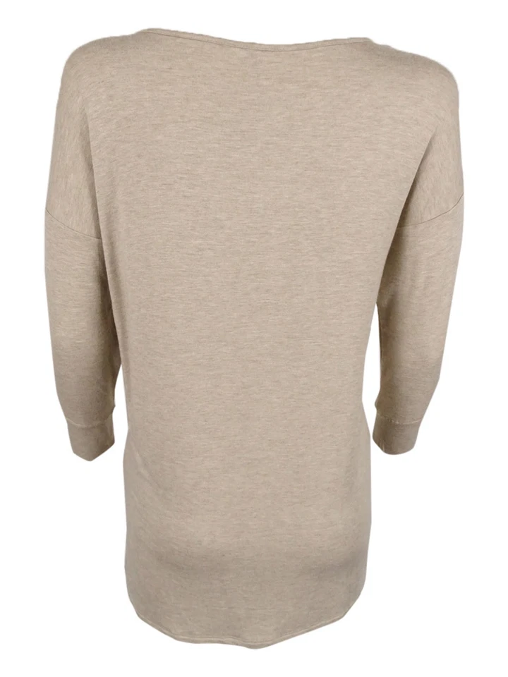 Top tejido para mujer Kensie cuello barco panel de encaje flecos dobladillo latte M Foto 3 de 4