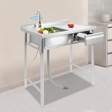 Freestanding Kitchen Sink Commercial Sink Stainless Steel Sink w/Drawer & Faucet