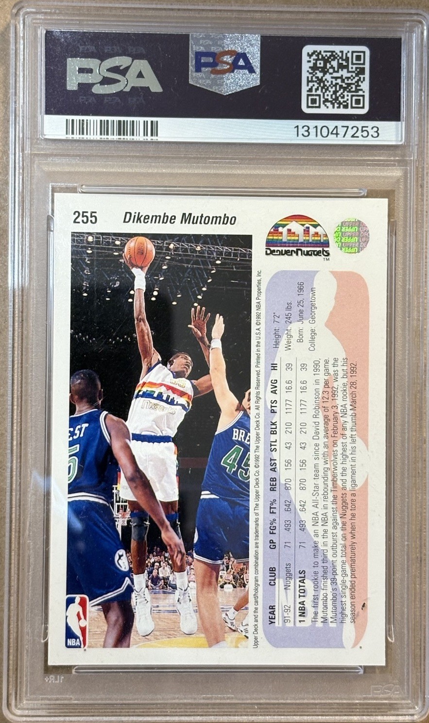 1992-93 Upper Deck NBA Dikembe Mutombo #255 PSA 10 Low Pop Denver Nuggets