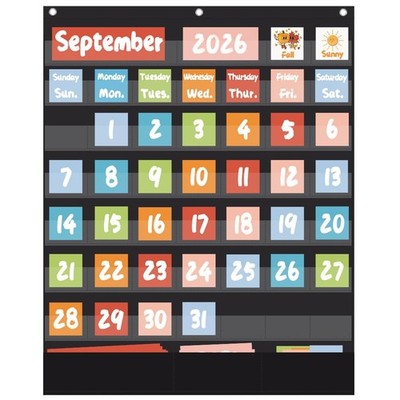 OFFSLIN Classroom Calendar Pocket Chart with 70pcs Cards, 28''x24'', Black A
