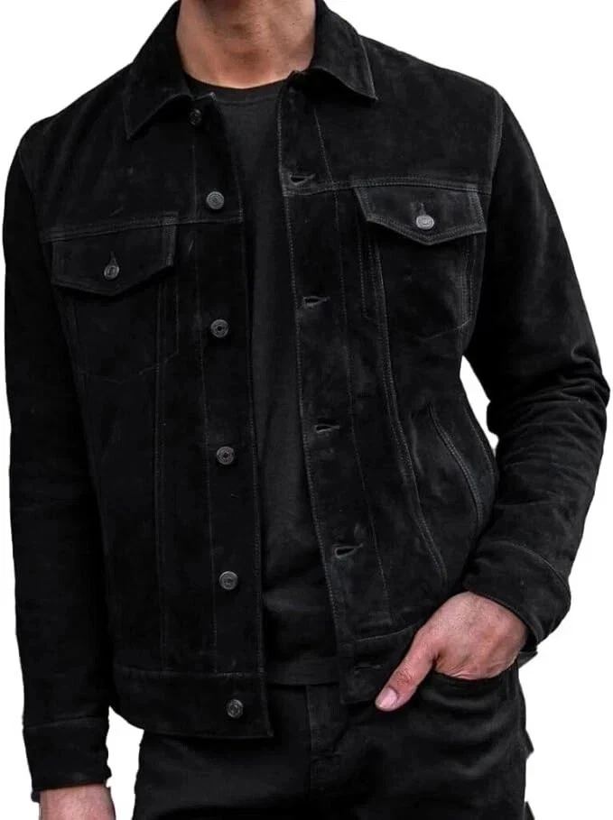 Men's Black Suede Leather Jacket Trucker Style Slim Fit Tailored Shirt Jacket
Opens in a new window