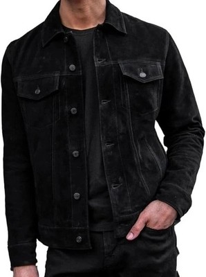 Men's Black Suede Leather Jacket Trucker Style Slim Fit Tailored Shirt Jacket