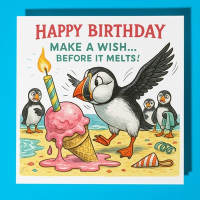Papageientaucher - Make a Wish - Happy Birthday Karte und Umschlag - personalisierte Karte
