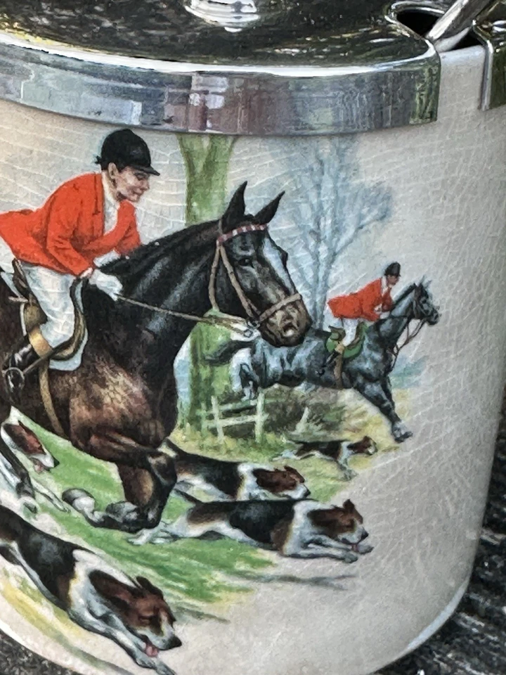 Antigua tapa y cuchara de azucarero Royal Norfolk escena de caza finales de 1800 Inglaterra Foto 4 de 4