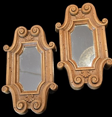 Vintage Homco Faux Wood Wall Accent Mirrors 9.5 x6  Pair Retro Scroll Set Of 2