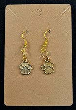 Gold Paw Print Earrings - Dangle - Animals - Gold Hooks - Handmade