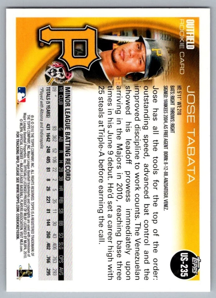 2010 Topps Update Jose Tabata Rookie Pittsburgh Pirates #US-235 - Image 2 of 2