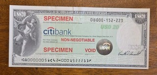CitiBank $20 Specimen Travelers Check