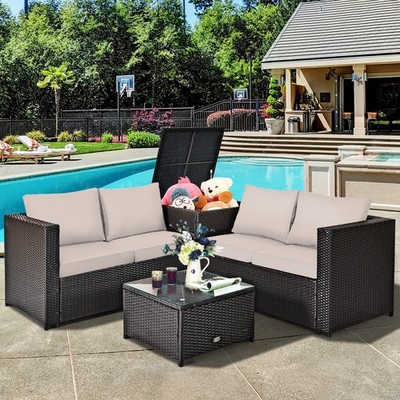 Topbuy 4 PCS Patio Rattan Furniture Set Wicker Conversation Set W/Storage Box