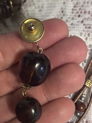 Chico Brown Rope Silver Bead Gold Necklace, Pin & Glass Eggplant Earrings 11” - Picture 7 of 7