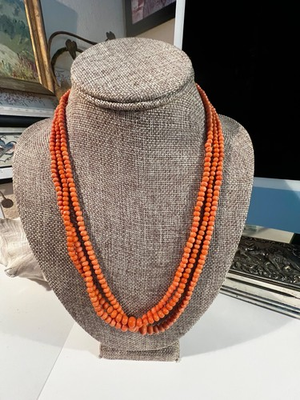 #ad 1950s coral 3 strand necklace Needs Restringing 14 KT white gold clasp $395.00