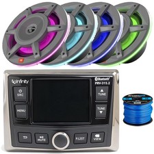 Infinity Marine Bluetooth Stereo Receiver, 4x 8" 500W Gray RGB LED Speaker, Wire