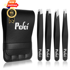 Pefei Tweezers Set - Professional Stainless Steel 4 Piece set, Black