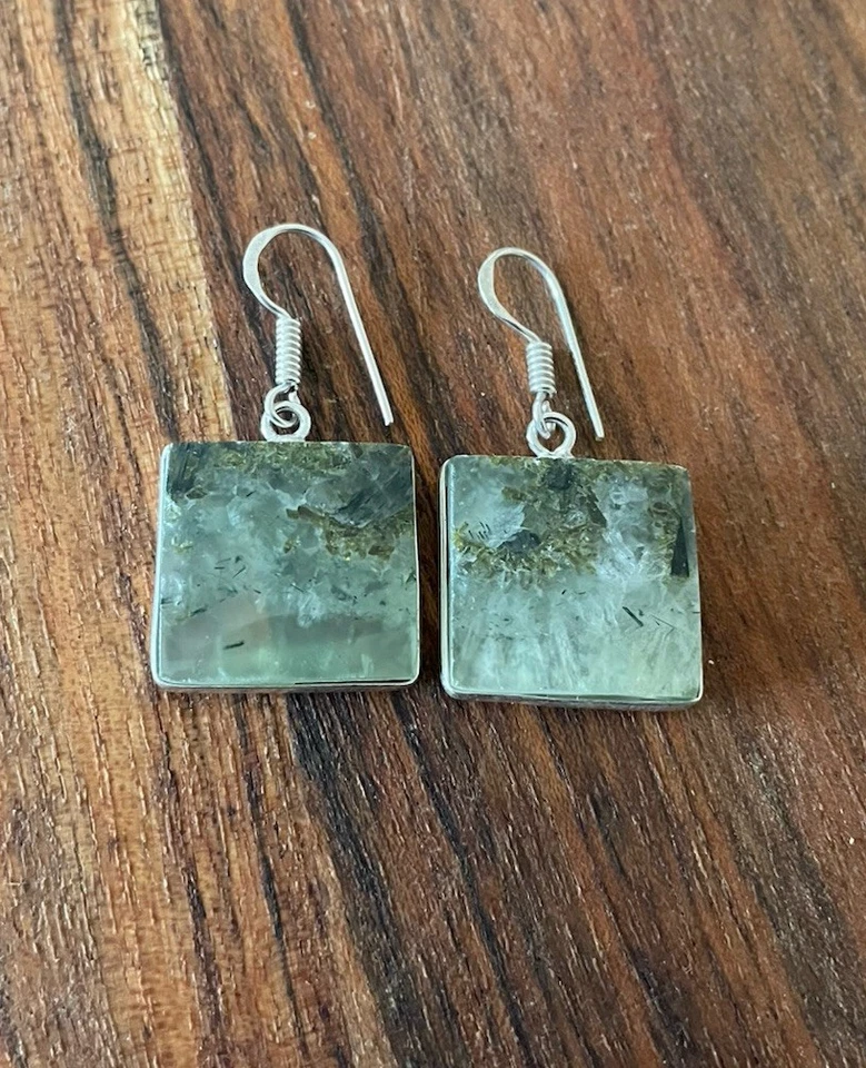 Pendientes colgantes cuadrados de piedras preciosas prehnita hechos a mano - enchapados en plata 925 - nuevos Foto 2 de 3