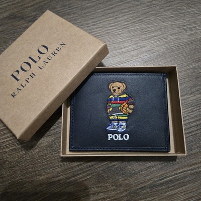 Polo Ralph Lauren Basketball Bear Leather Slim Card Case Wallet - Navy