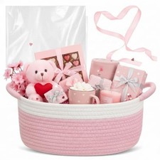 Valentine's Day Woven Gift Basket with Gift Bags and Ribbons 12"x8"x5" Pink