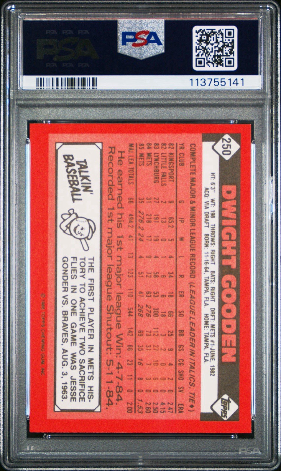 1986 Topps - Dwight Gooden #250 Collector's Edition (Tiffany) PSA 10 view 2