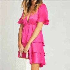 Show Me Your Mumu Women's Small Dress Dulce Sheen Tiered Mini Hot Pink Fuchsia