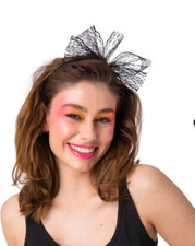 80's Lace Bow on Hairband Black Adults 1980s Fancy Dress Accessory