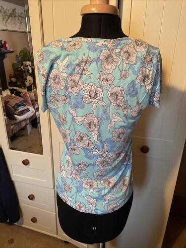 BM Casual Pre Loved Aqua Blue Floral Jersey Ladies Stretch T Shirt UK Size 10 - Picture 6 of 8