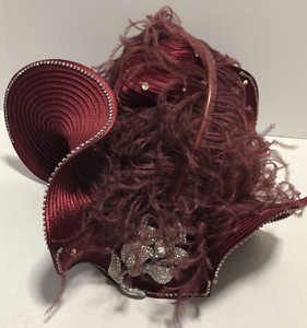 Donna Vinci Couture Dark Red Hat Feather Jewel Stone Flower Beautiful