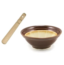 Japanese 8.5"D Ceramic Brown Suribachi Mortar Bowl & Wooden Pestle MADE IN JAPAN