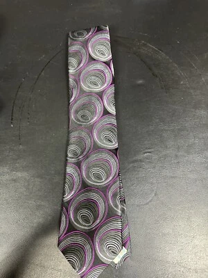 Ted Baker Black w/ Silver, Purple Circles Pattern 60/3.5” Silk Tie - Image 1 of 3