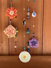 Mixed Media Floral Porcelain Metal Glass Beads Rose Garden Sun Catcher Mobile