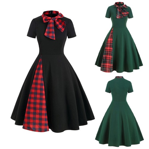 Christmas Womens Plaid Check Swing Skater Dress Ladies Xmas Party Midi Dresses