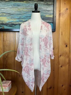 Small Pink Floral 3/4 Sleeve Cardigan Knit Loose Long Light Blue Mud Tunic  Short