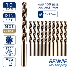 Box Of 10 x HSS Gold Cobalt Jobber Drill Bit For Stainless & Hard Steels. Drills