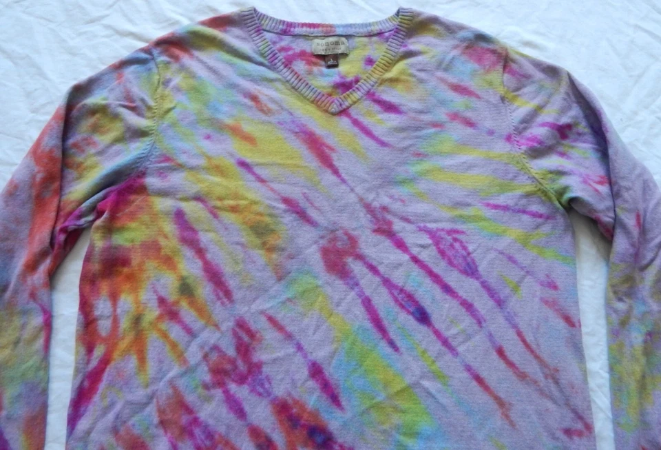 Suéter Pullover Tie Dye Rosa Amarillo Cuello en V Grande Para Hombre Algodón Hecho a Mano Rayas Foto 4 de 4