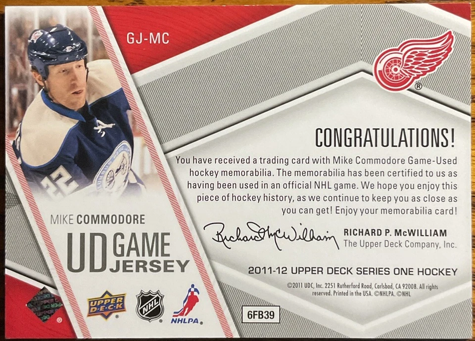 2011-12 Upper Deck UD Game Jersey Mike Commodore #GJ-MC Detroit Red Wings - Image 2 of 2