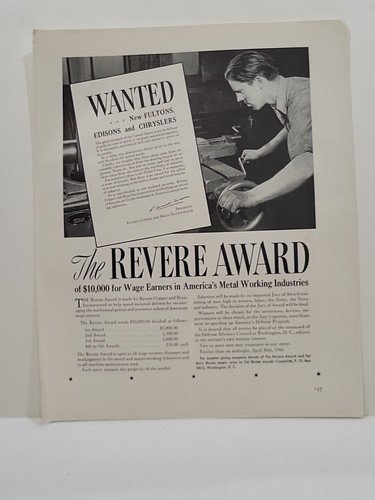 1941 The Revere Award Fortune Mag WW2 Print Ad Metal Workers Copper Brass - Picture 2 of 2