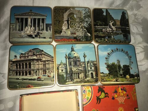 Vintage Mid Century Cork Backed Coasters 6 In Box Ferris Wheel + Vienna Austria - 第 1/6 張圖片