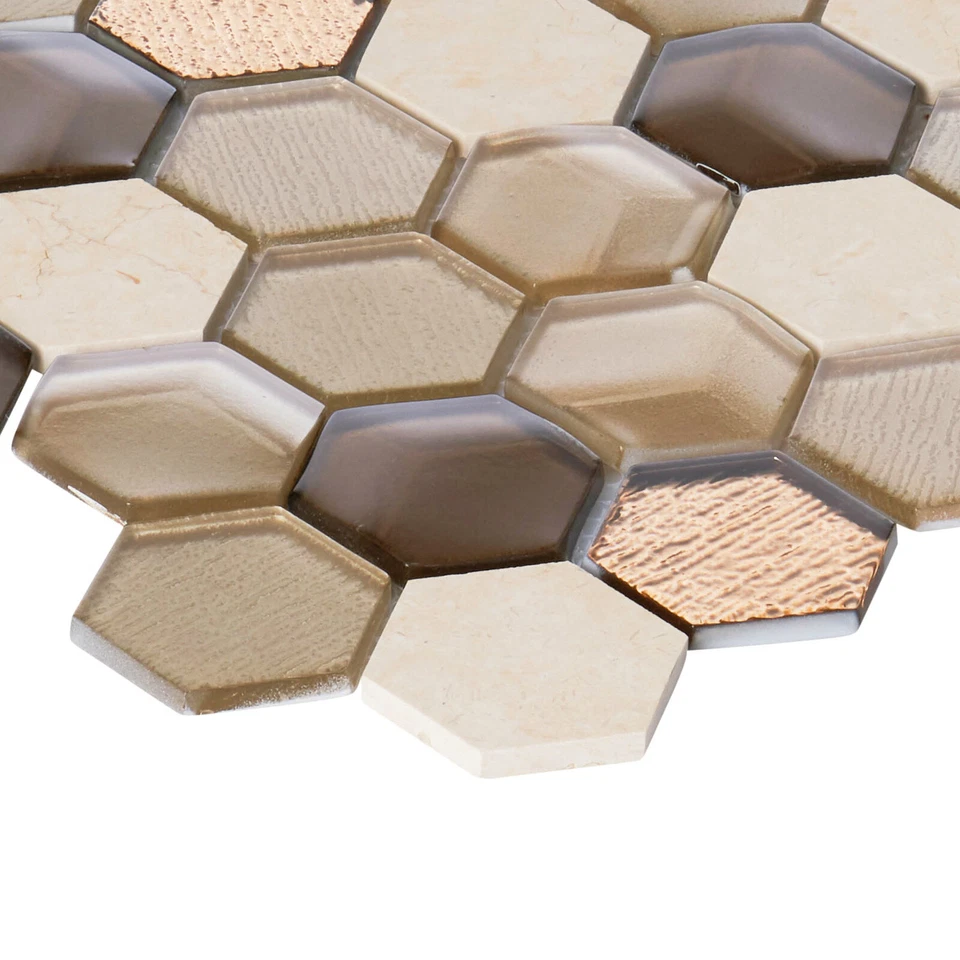 Salpicadero hexagonal crema marfil piedra metalizada beige inserción 3D vidrio mosaico azulejo Foto 4 de 4