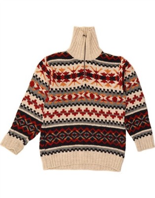 OSVALDO BRUNI Herren Zip Neck Pullover Sweater Small Beige Fair Isle Acryl DF32