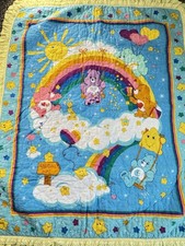 Vintage Care Bears Quilt Baby Crib Blanket Lace Ruffle Trim Rainbows Stars 44x36