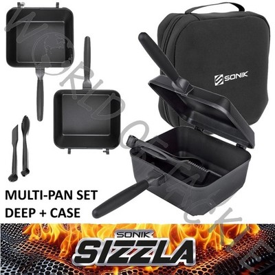 Sonik Karpfenangeln MULTI PAN SET TIEF + KOFFER Grillplatte und Toasterpfanne für Sizzla