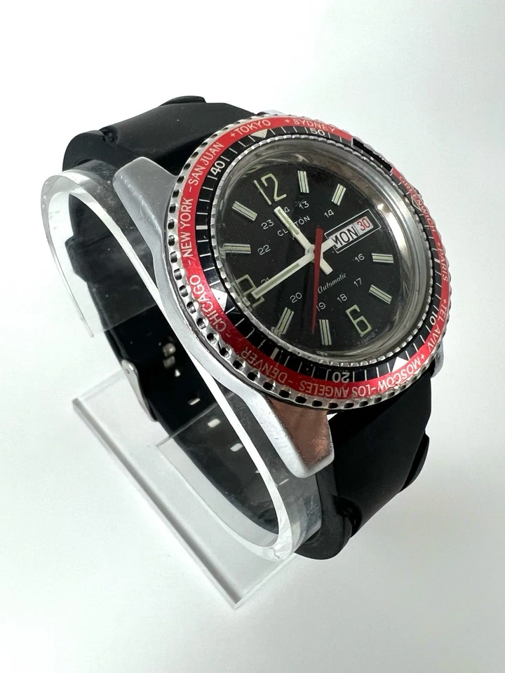 Reloj Clinton Automático Hora Mundial Bisel Día Fecha, Funciona Foto 2 de 4