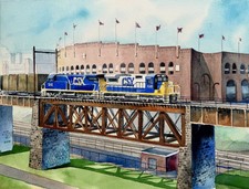 CSX on High Line, Franklin Field, U Penn. James Mann original train painting