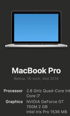 15'' MacBook Pro Retina 2014 | 2.8 i7 16GB 512B SSD Big Sur Warranty + Very Good