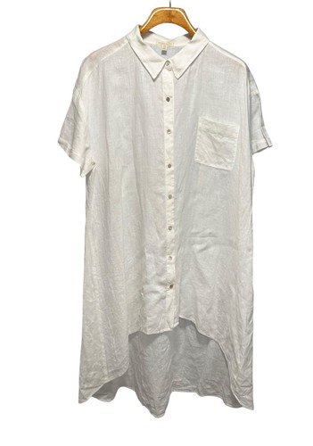 Eileen Fisher Irish Linen Tunic Shirt Dress Sz Large White Button Front High Low
