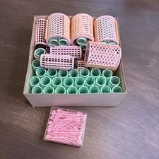 VTG Goody Pastel Spiral Wire Brush Mesh Plastic Hair Rollers Curlers Pins.